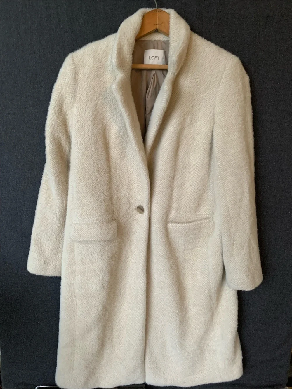 LOFT Cream Fuzzy Coat Shawl Collar Winter Jacket Womens Size XS Herringbone